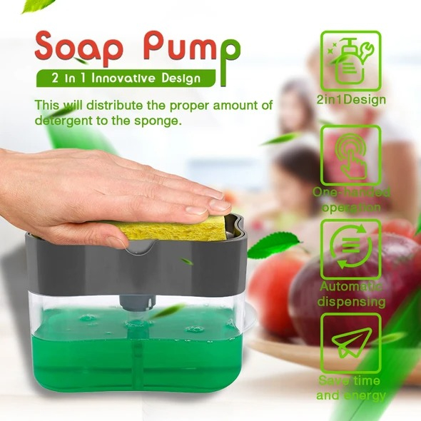 2-in-1 pompa de sapun Dispenser si burete Caddy pentru sapun de vase si burete