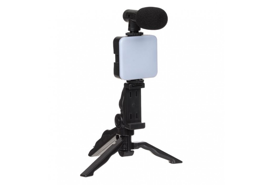 Kit de vlogging pentru smartphone, suport reglabil telefon, trepied, microfon, proiector LED, telecomanda bluetooth